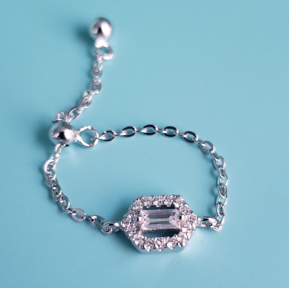 NEW Silver Adjustable Chain Baguette Pave Halo Diamond Ring - Picture 2 of 7